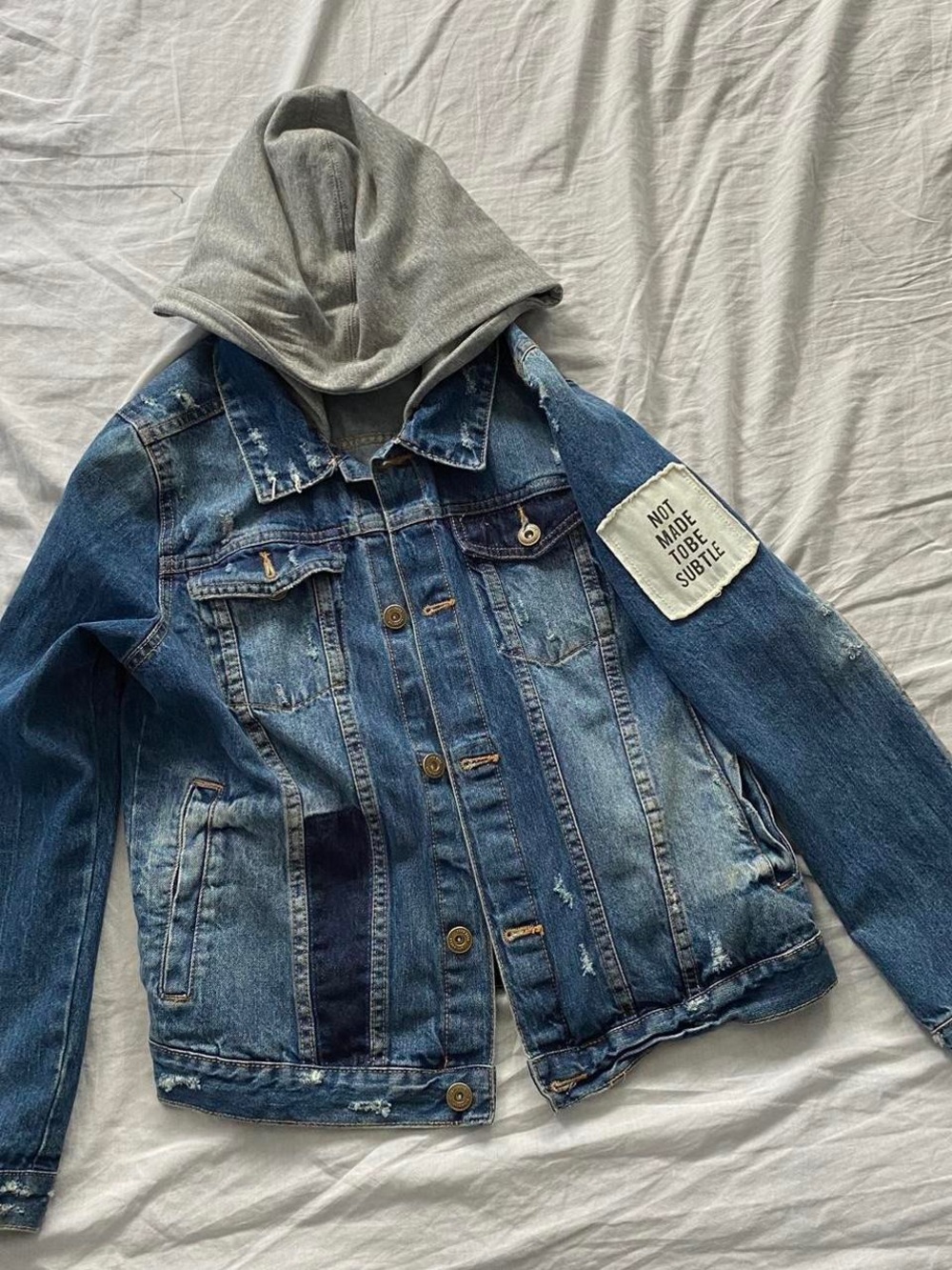 Zara Blue Distressed Denim Jacket with Gray Hood